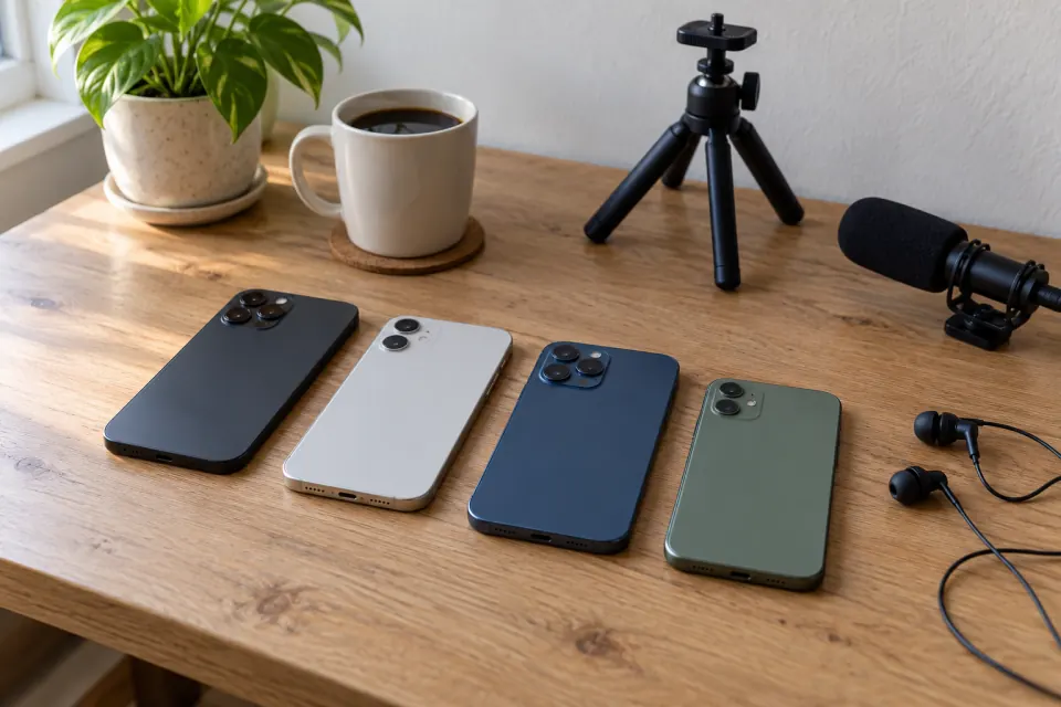 Four phones lying face down in a row on a light oak desk, next to a small tripod, a microphone, a pair of earphones and a cup of coffee.