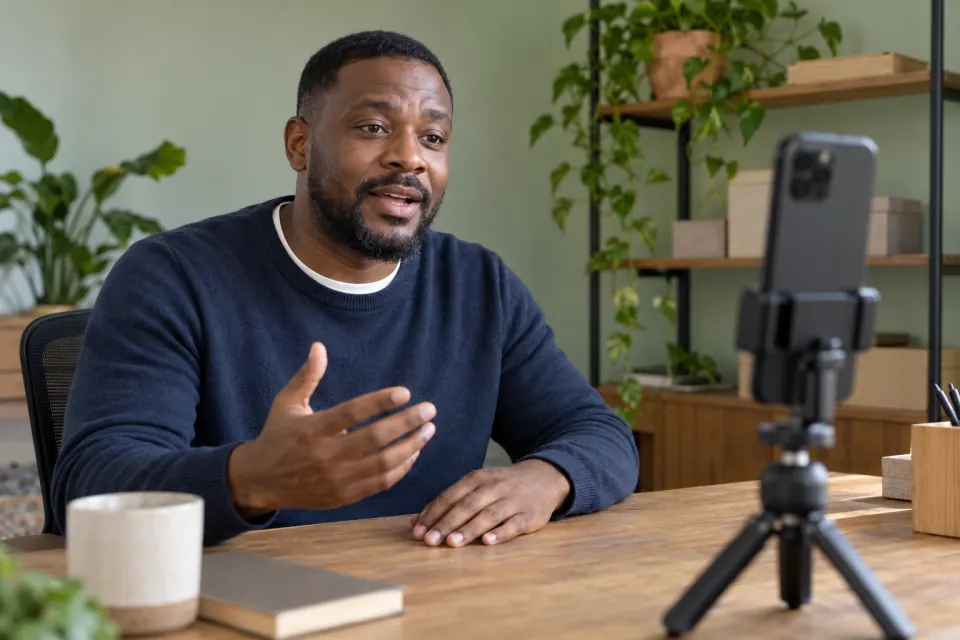 A man at a desk talks to his phone, which stands on a small tripod in front of him.