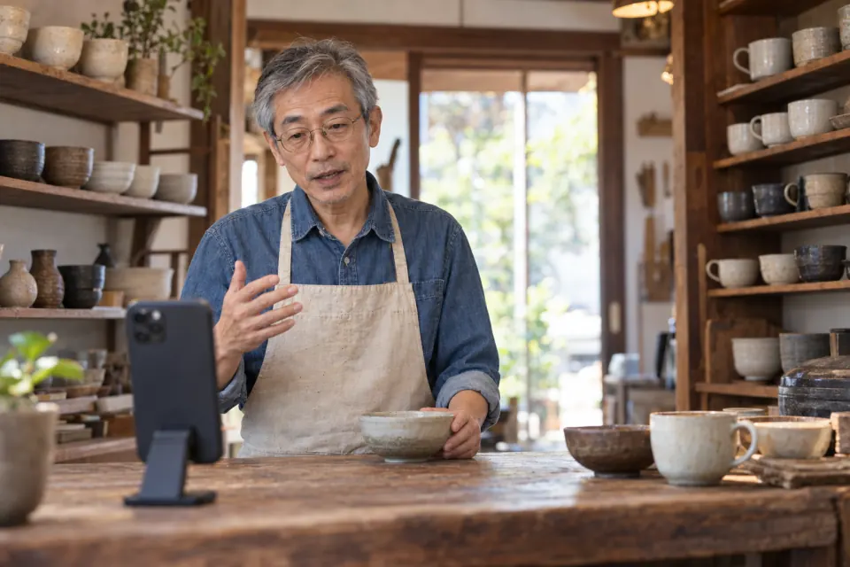 An older man in an apron talks to his phone in a small pottery shop.