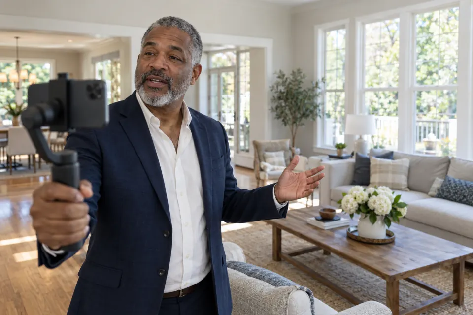 A man in a blazer talks to a phone on a handheld stabiliser in a bright living room.