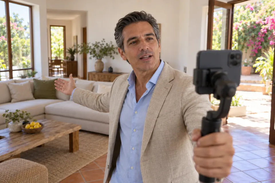 Un agente inmobiliario le habla a un celular en la sala luminosa de una casa en venta.