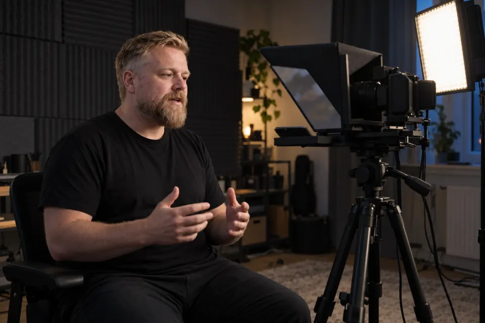 A man in a small studio sits facing a camera fitted with a glass teleprompter hood.