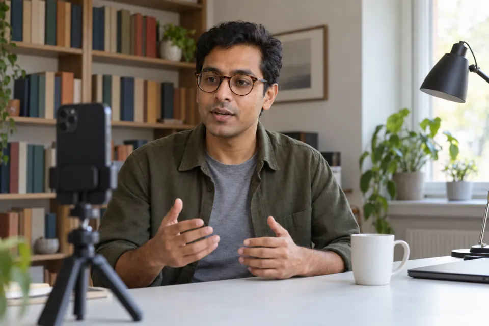 A man in round glasses and an olive overshirt sits at a desk in front of a bookshelf, talking to a phone on a small tripod.