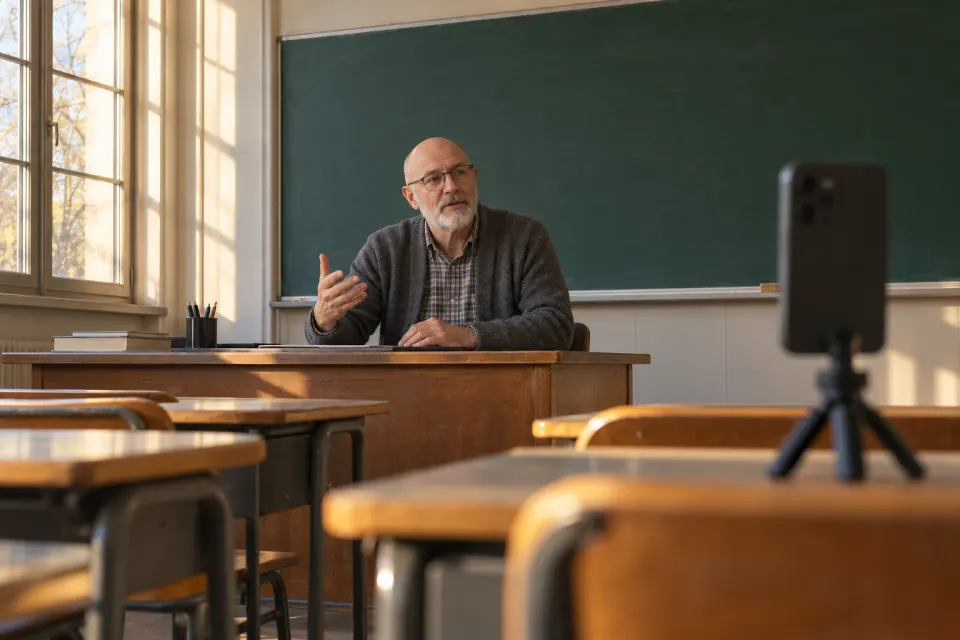 A man at a teacher's desk in an empty classroom talks to a phone on a tripod.