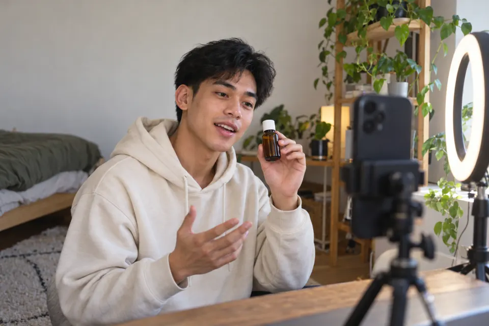 A young man in a cream hoodie sits at a desk in his bedroom and holds up a small brown bottle toward a phone on a tripod next to a ring light.