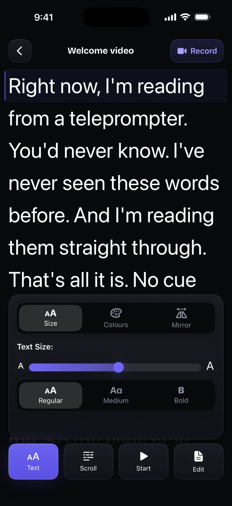 The prompter screen with the Text panel open on the Size tab, showing a text size slider and Regular, Medium and Bold buttons.
