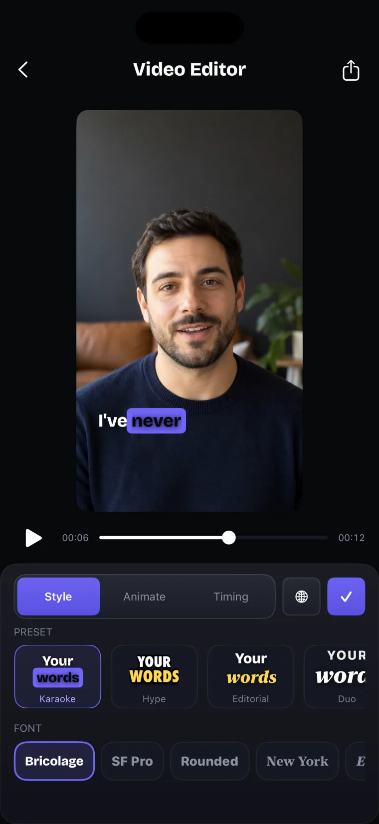 The video editor on the caption Style tab: preset caption styles and fonts under the video.