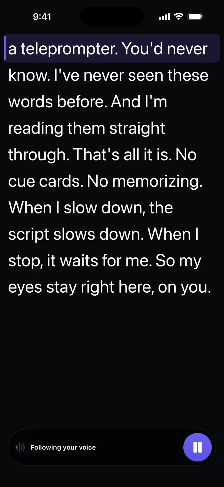 The prompter following a voice, at the start: the reading line is on the first line of the script.