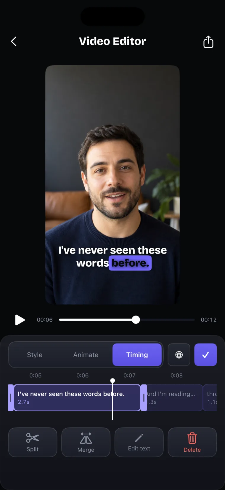 The caption timing editor: the video above, and below it each caption as a block that can be moved and resized.