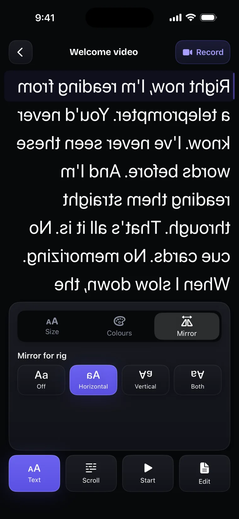 The Mirror tab of the Text panel in the app, with Off, Horizontal, Vertical and Both under "Mirror for rig", and the script above reversed left to right.