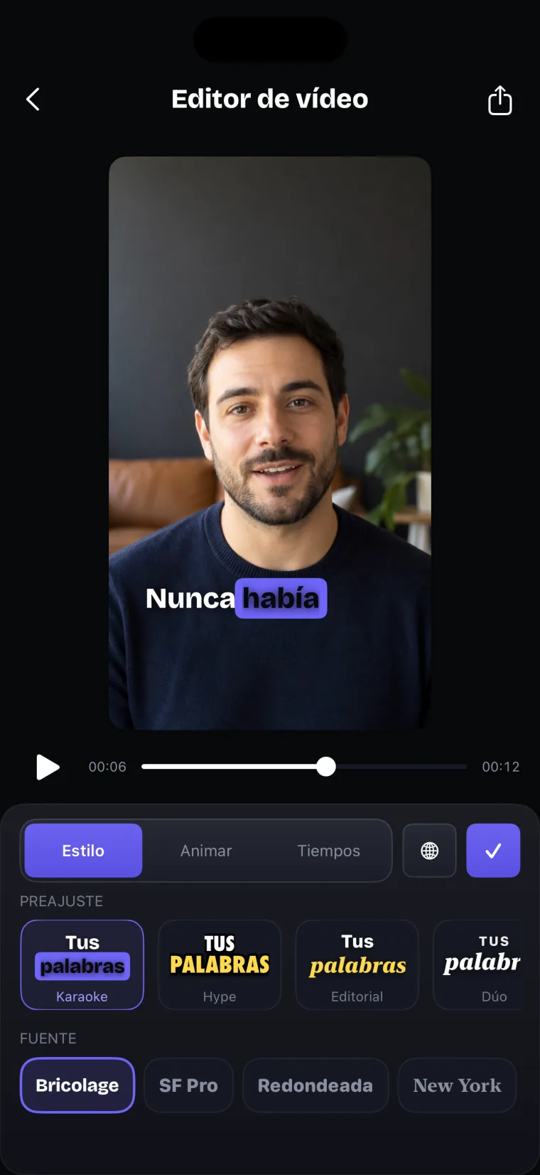 El editor de video en la pestaña de estilo de los subtítulos: estilos y fuentes debajo del video.