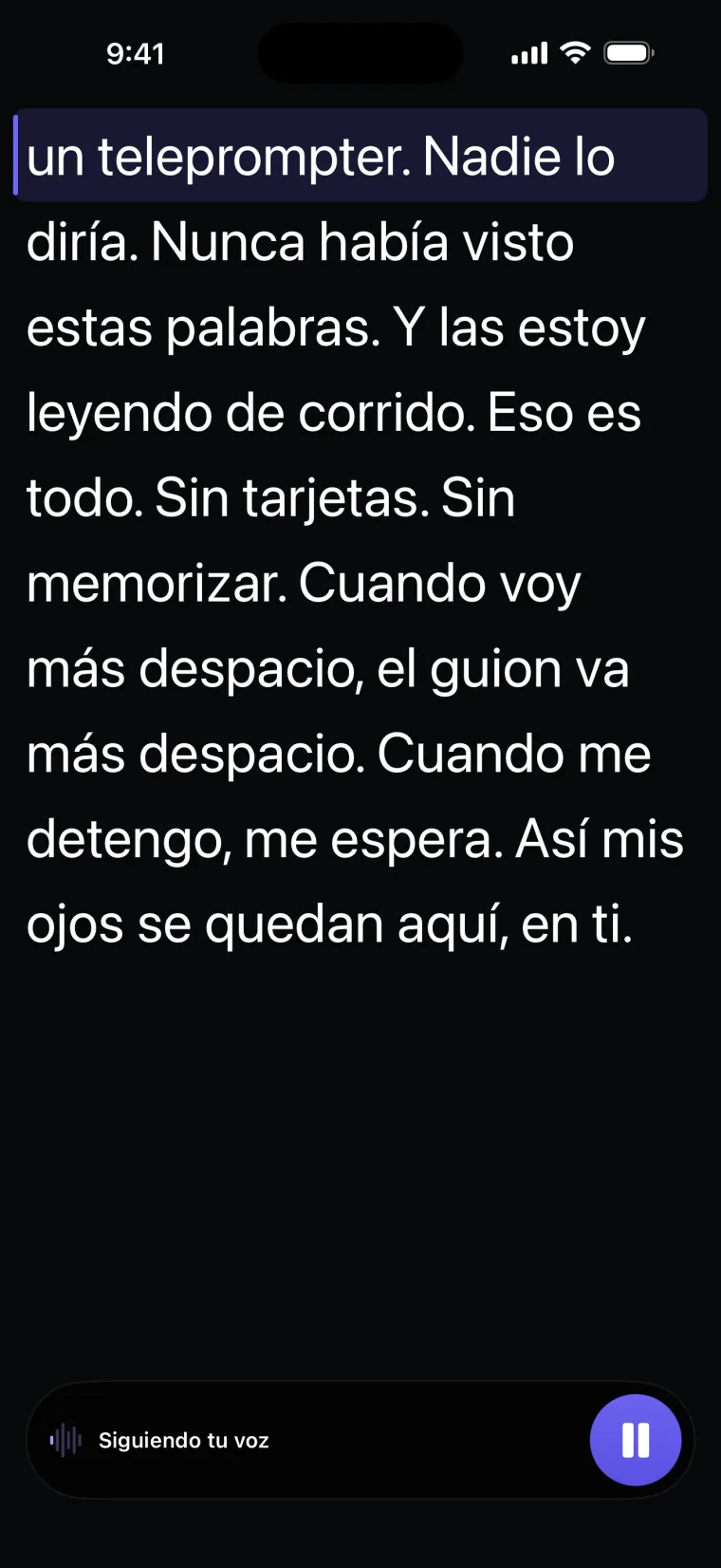 El teleprompter siguiendo una voz, al empezar: la línea de lectura está en la primera línea del guion.