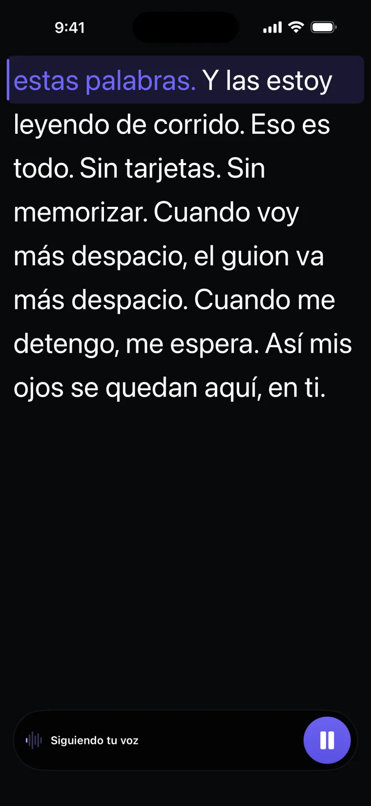 Más adelante: el guion subió y la frase de la línea de lectura aparece coloreada.