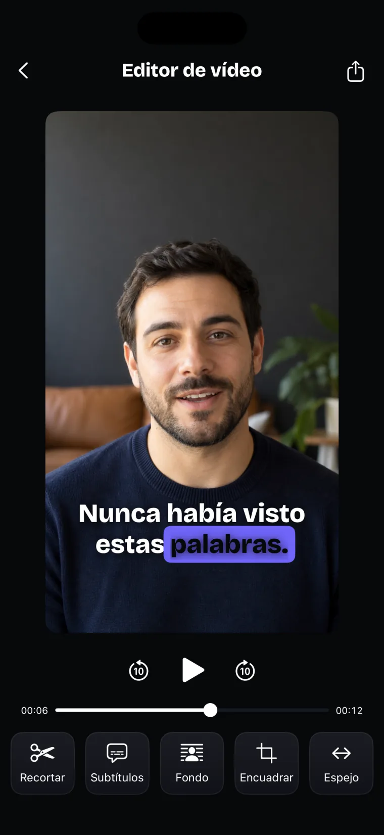 El editor de video con un subtítulo bajo la cara del hombre que dice: Nunca había visto estas palabras.
