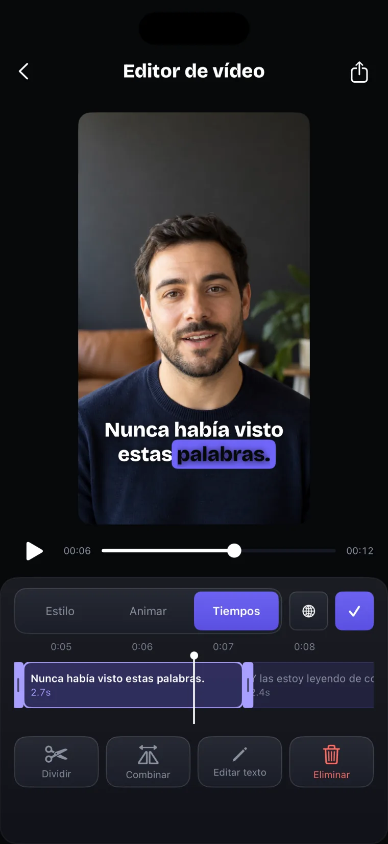 El editor de tiempos de los subtítulos: el video arriba y, debajo, cada subtítulo como un bloque que se puede mover y alargar.