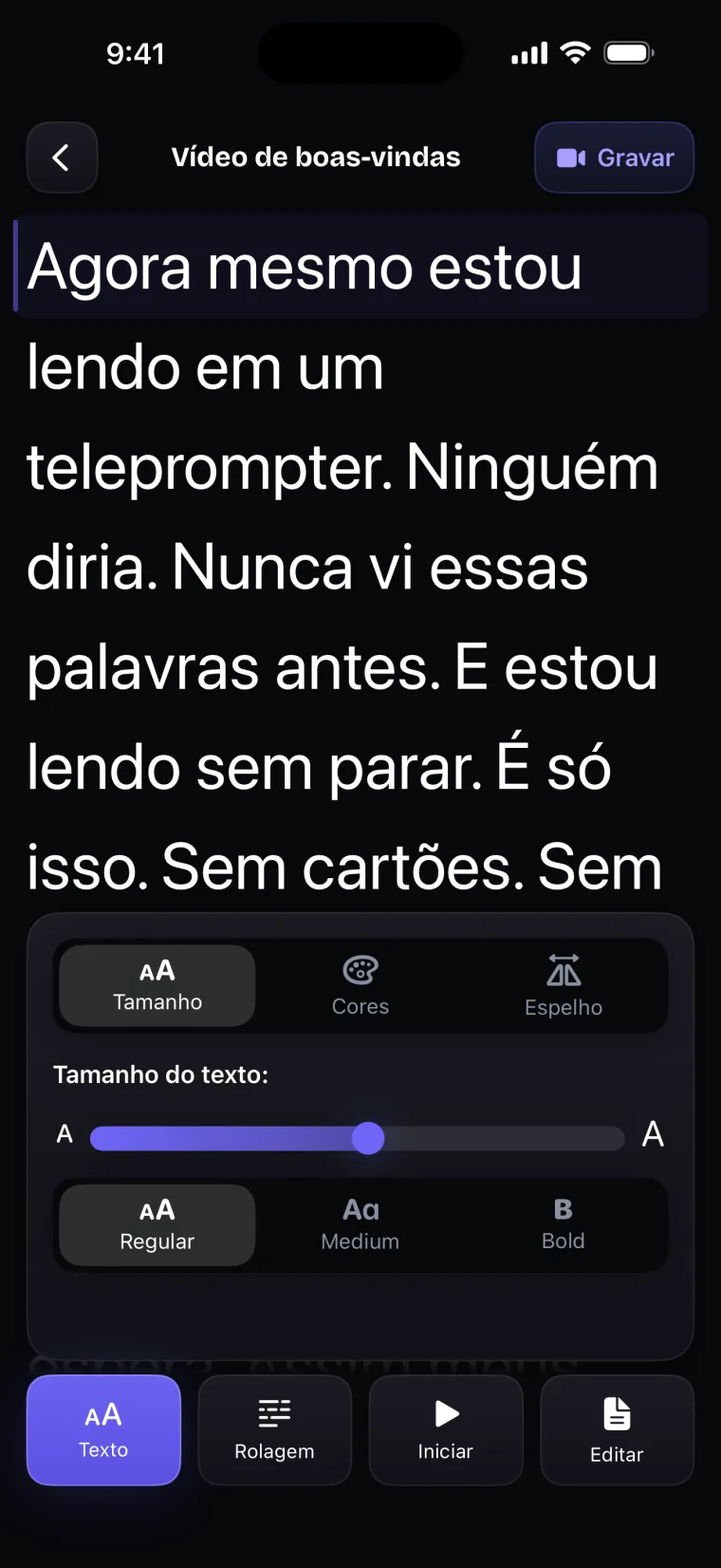 O painel Texto aberto na aba Tamanho, com o controle do tamanho do texto e as opções Regular, Medium e Bold.