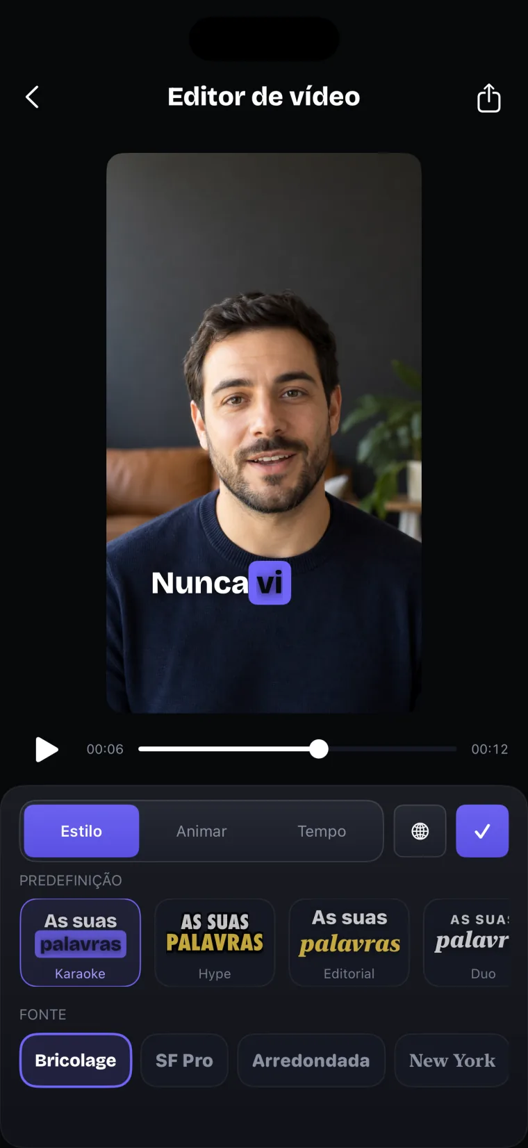 O editor de vídeo na aba de estilo das legendas: estilos e fontes abaixo do vídeo.