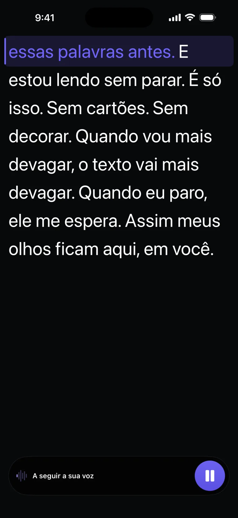 Mais adiante: o roteiro subiu e a frase da linha de leitura aparece colorida.