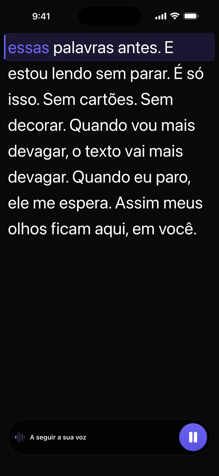 Um momento depois: algumas palavras da linha de leitura já aparecem coloridas.