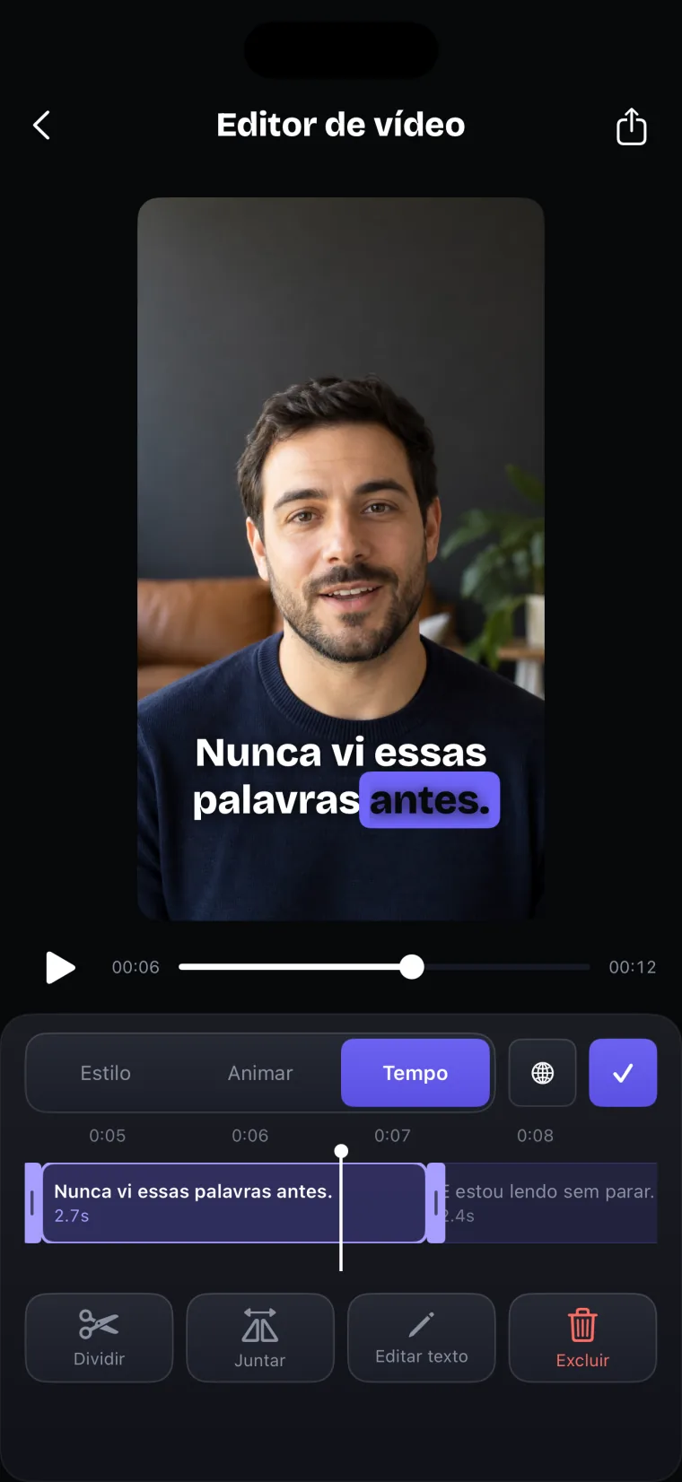 O editor de tempo das legendas: o vídeo em cima e, embaixo, cada legenda como um bloco que pode ser movido e esticado.