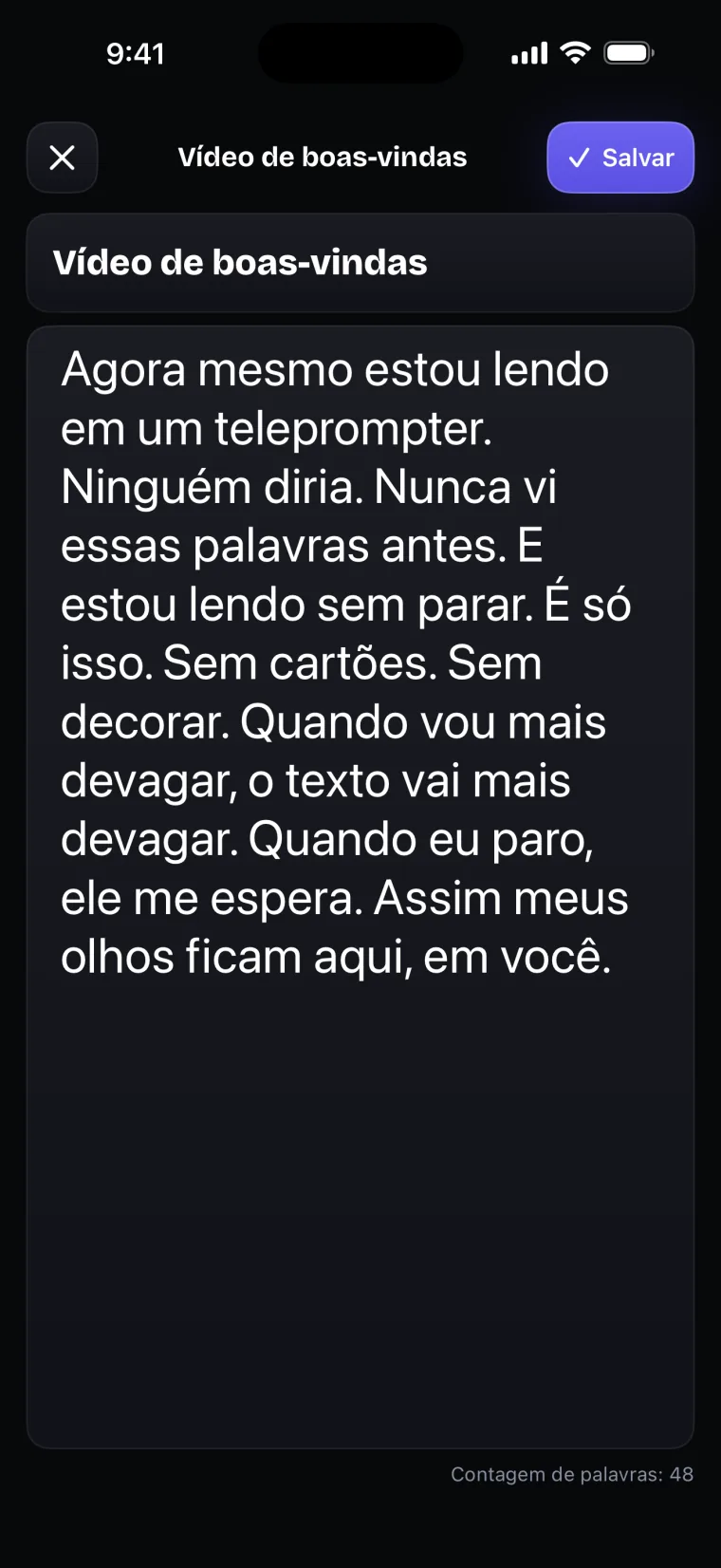 O editor do roteiro com o título Vídeo de boas-vindas, o texto do roteiro e a contagem de palavras no canto de baixo.